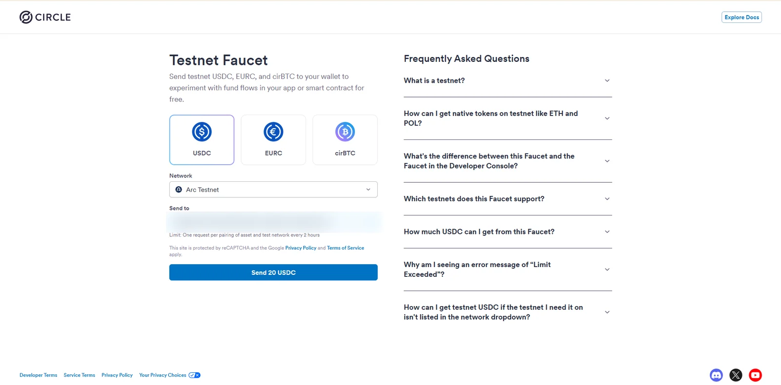 Circle's testnet faucet with Arc Testnet selected