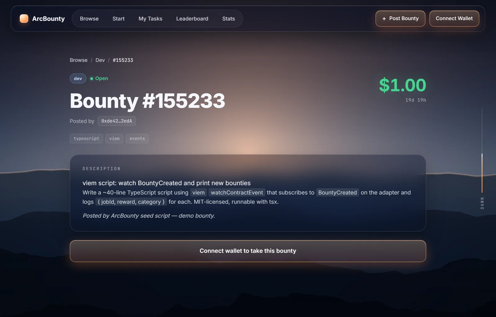 A bounty page with description, reward and deadline